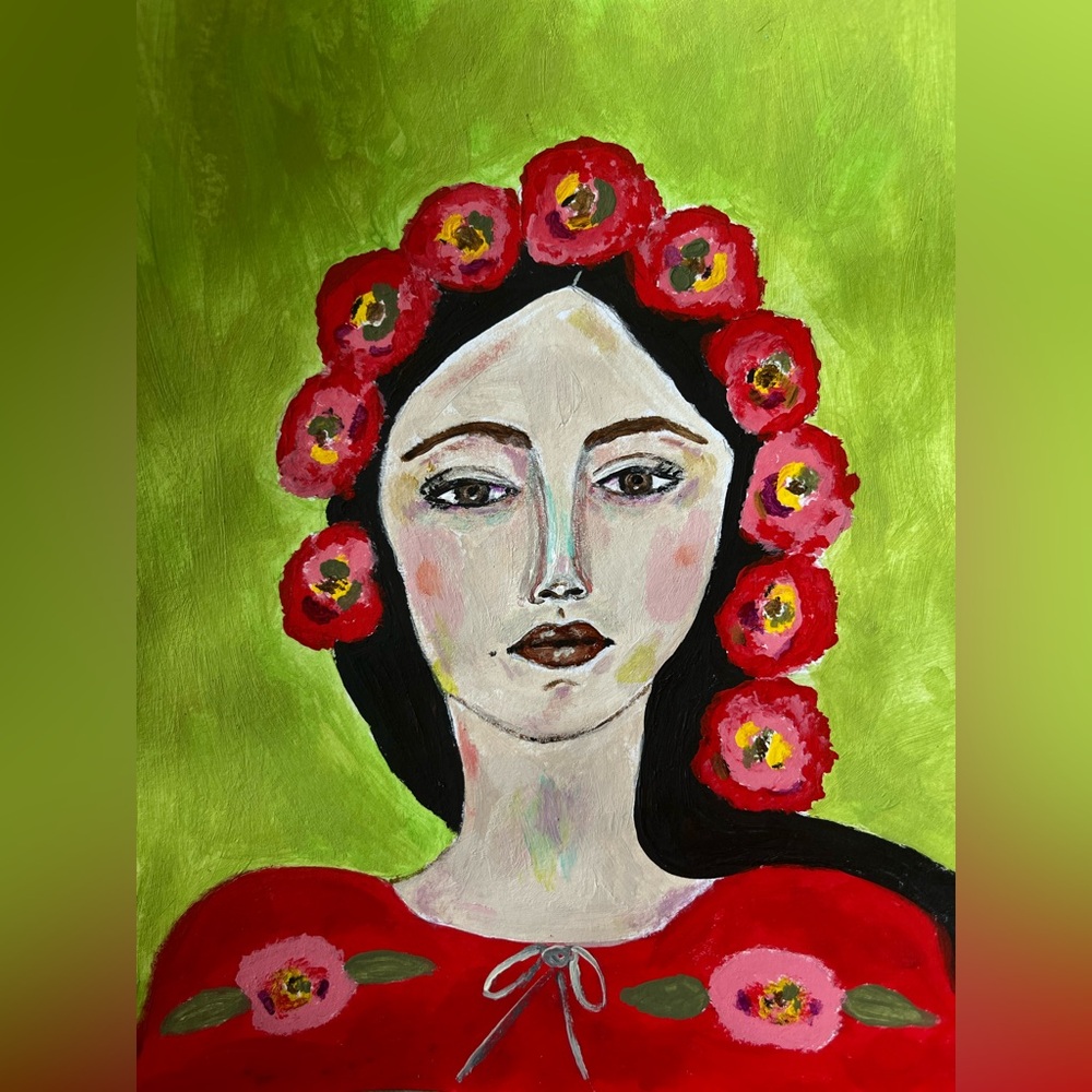 Original art abstract portrait painting of woman with red flowers 🌹